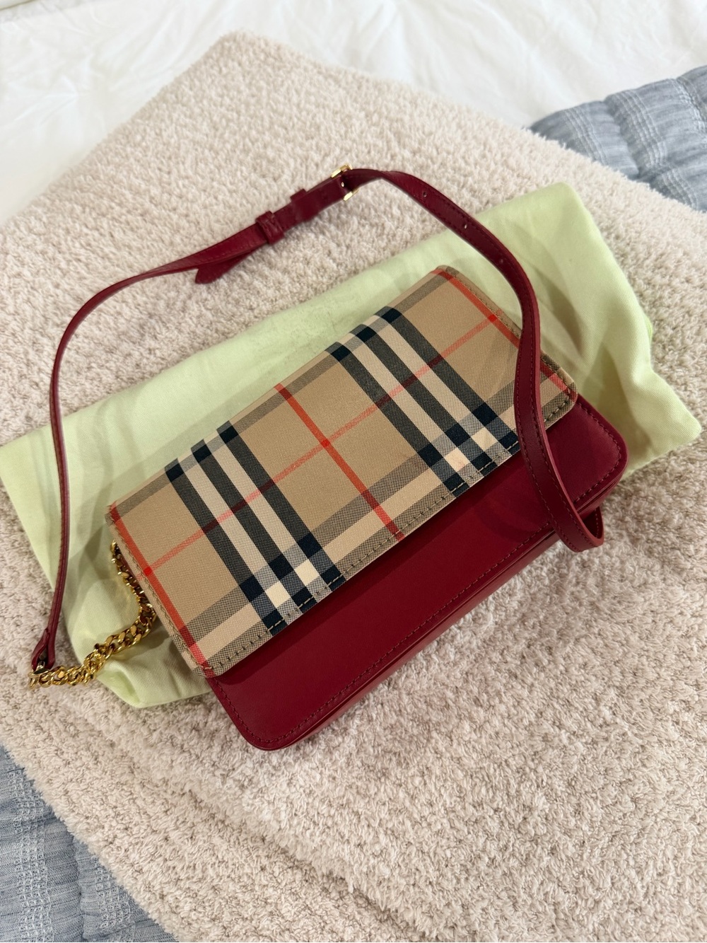Burberry Red Leather Crossbody with Classic Check Flap
